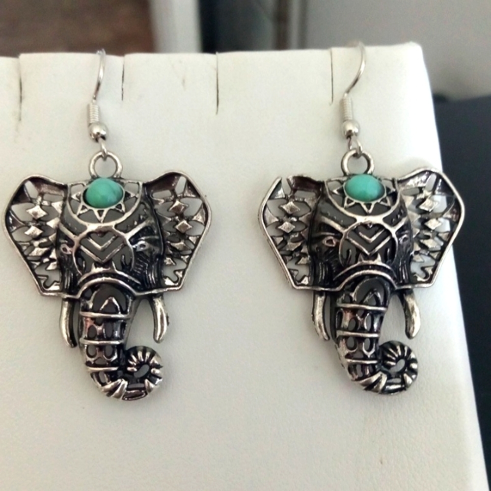 Silver Turquoise Elephant Earrings